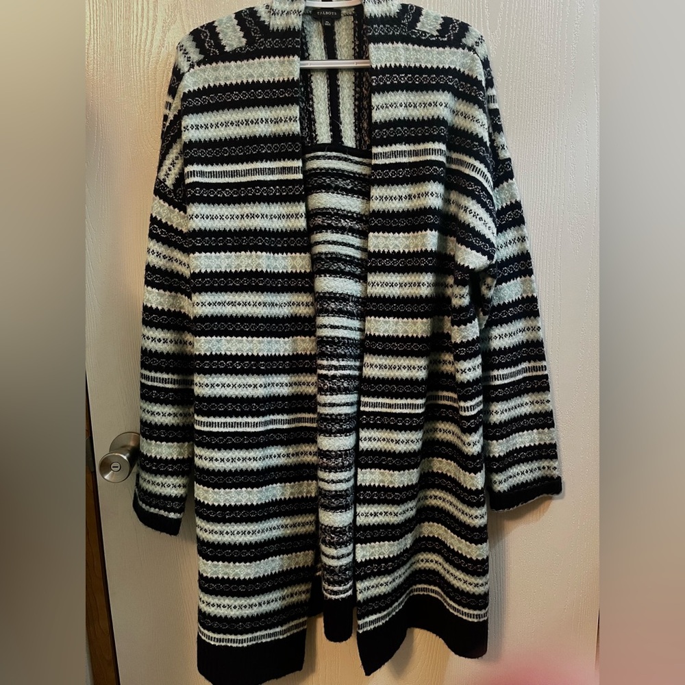 Talbots Fair Isle Open Front Long Cardigan Women’s Blue Nordic Winter Cozy XL - Picture 2 of 5